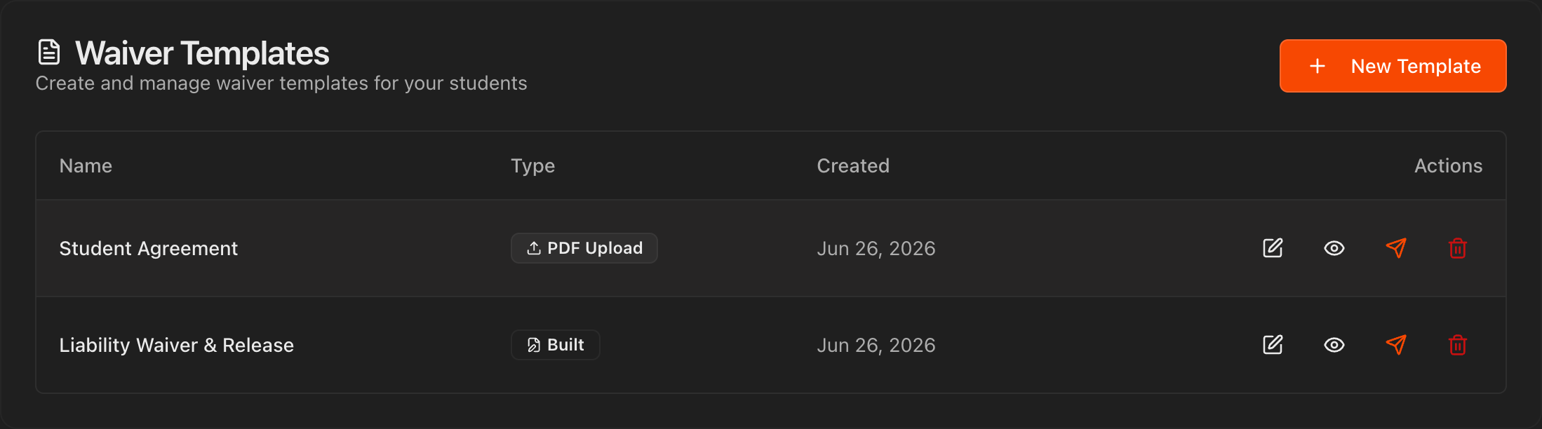 Waivers Settings tab showing the Waiver Templates list with Type and date columns