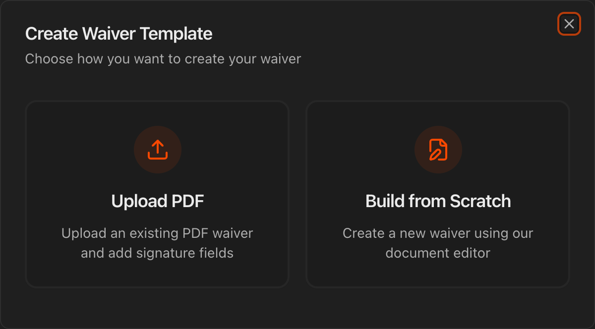 Create Waiver Template dialog showing Build from Scratch and Upload PDF options