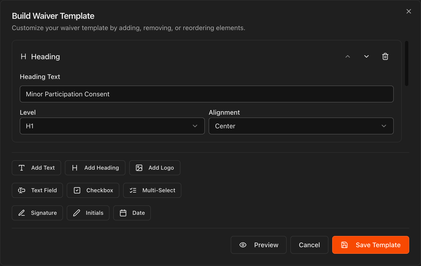Build Waiver Template editor showing element buttons and inline block editing