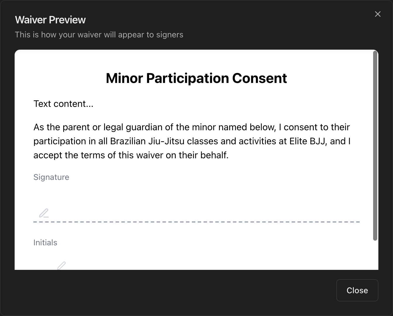 Waiver Preview window showing the waiver as signers will see it