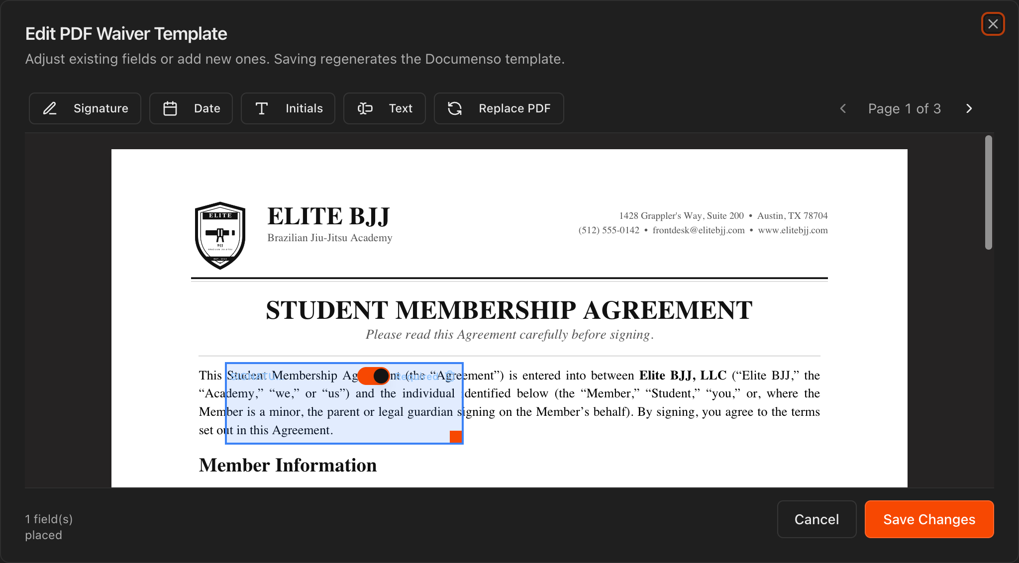 PDF template editor with field placement controls and Required toggle