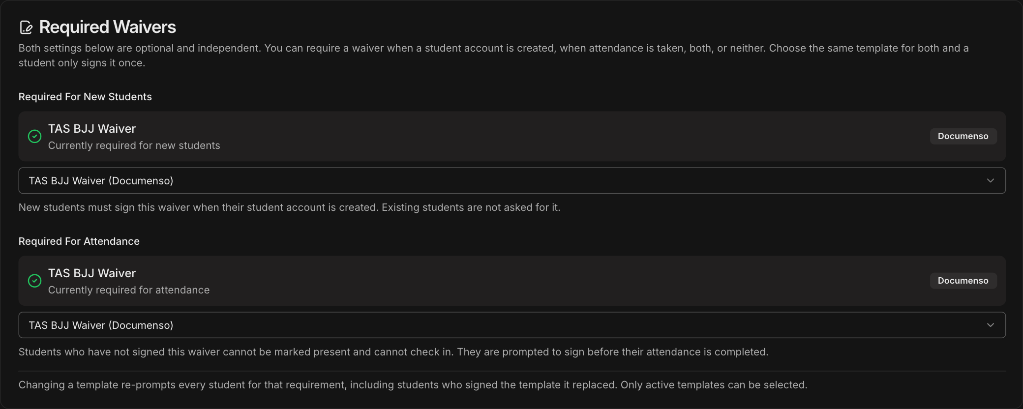 Required Waivers card with the TAS BJJ Waiver set for both Required For New Students and Required For Attendance