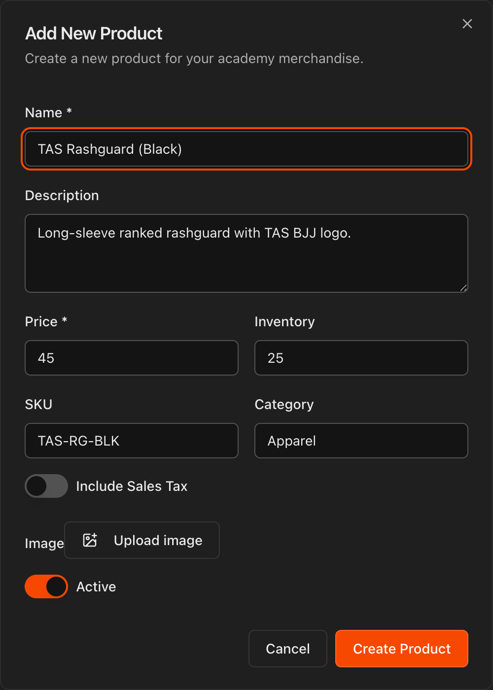 Add New Product dialog showing product detail fields and image upload