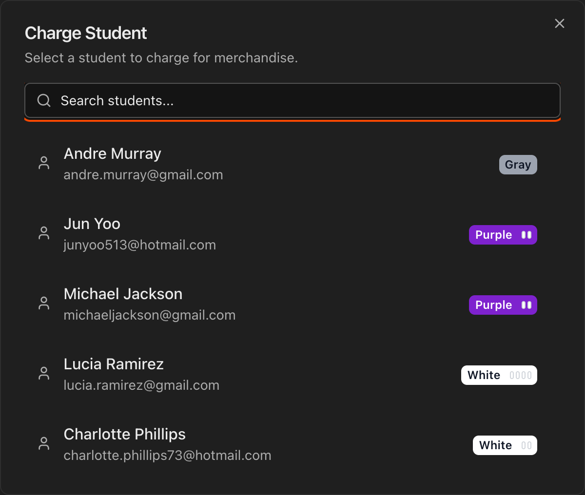 Charge Student dialog showing student search