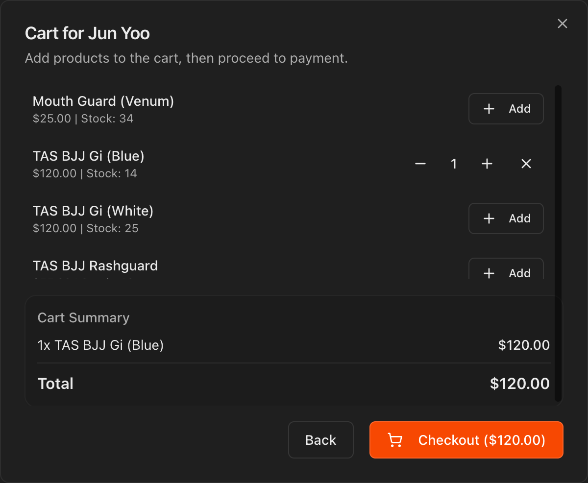 Charge Student dialog showing the cart, Cart Summary, and Checkout button