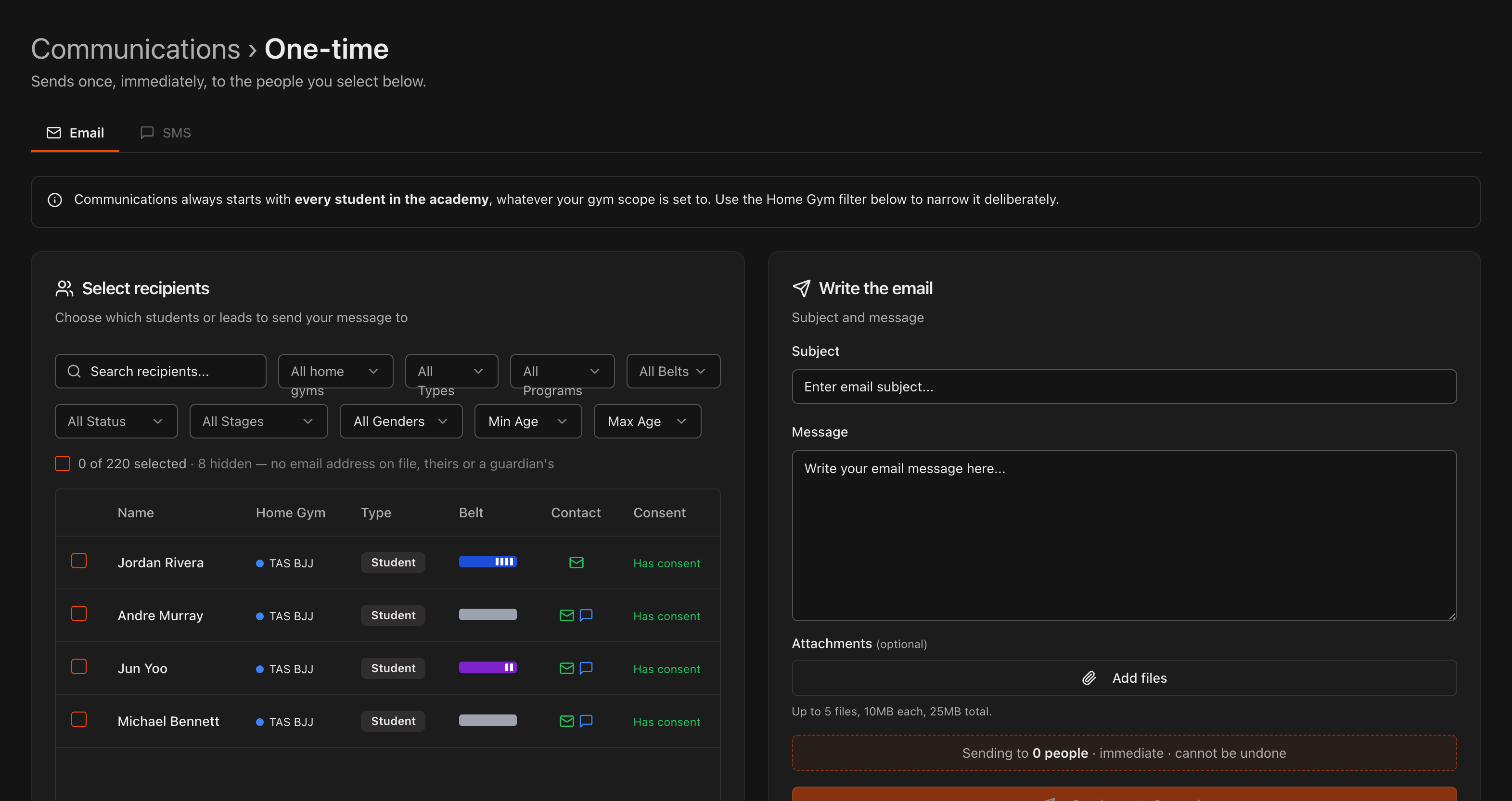 Communications One-time page with the Home Gym filter and Home Gym column