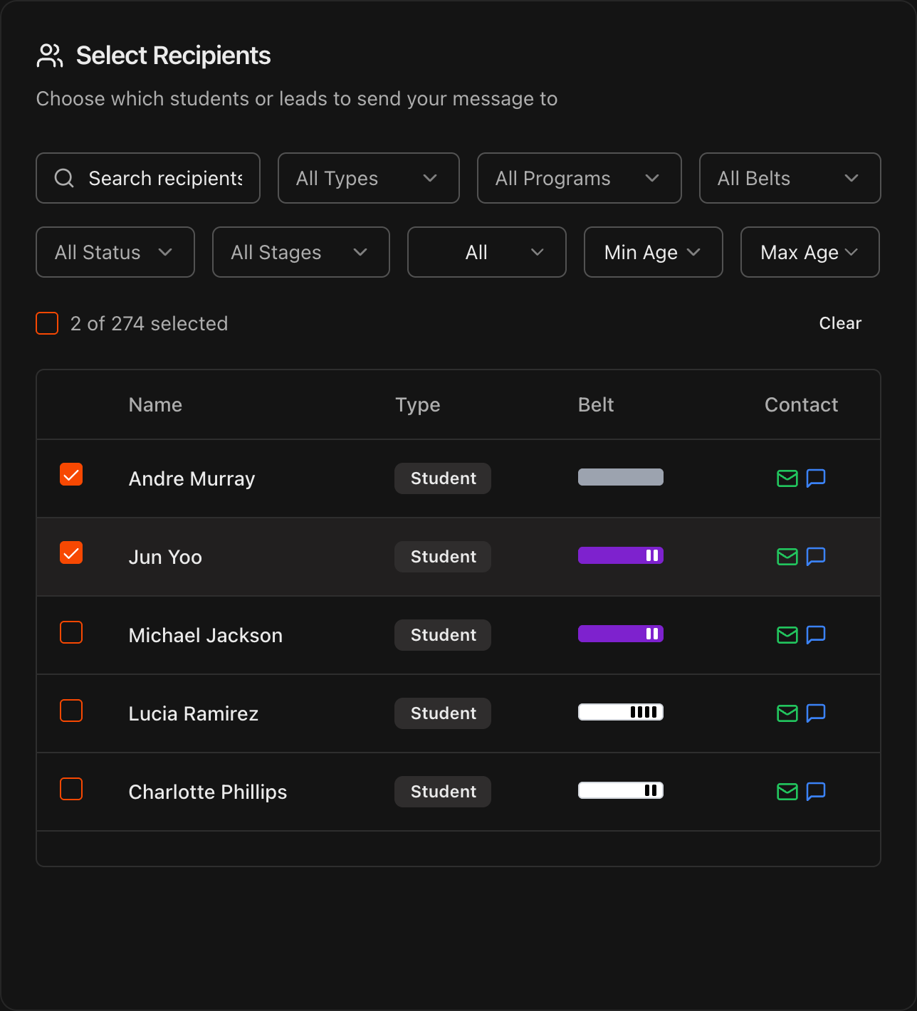 Communications page showing recipient filters and selection checkboxes