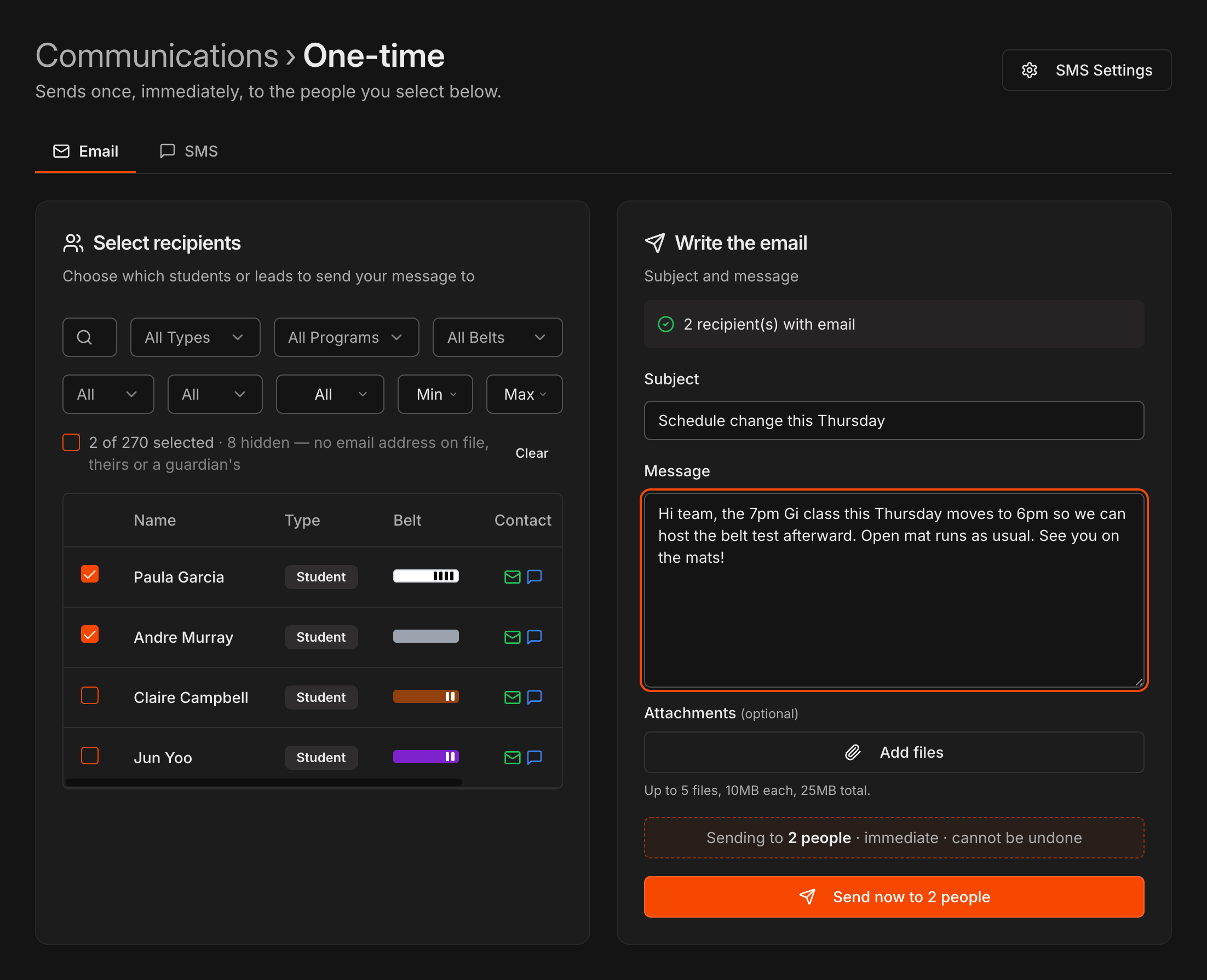 Communications One-time page on the Email tab with two recipients selected and the subject and message filled in