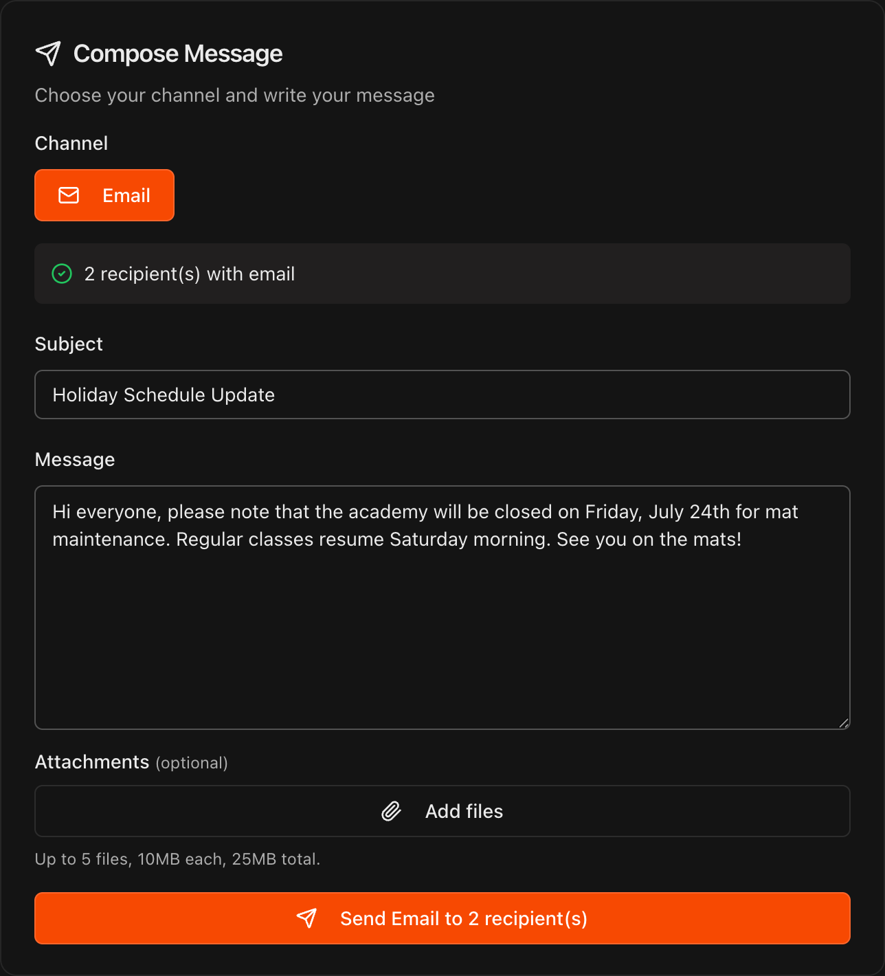 Compose Message panel showing Email channel selected, Subject, Message, and Send Email button
