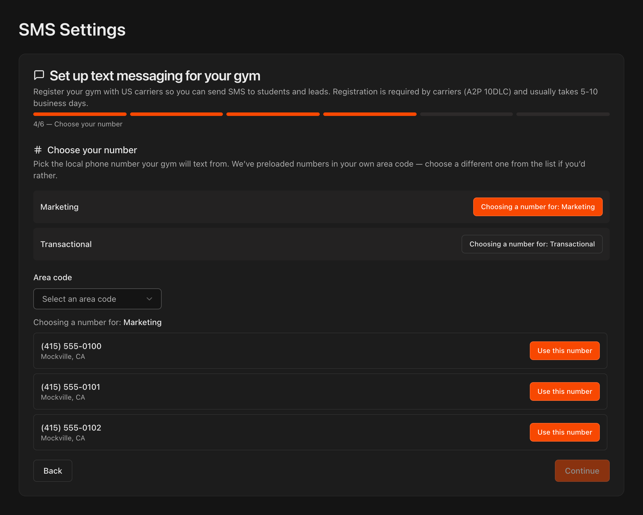 SMS Settings step 4 of 6, Choose your number, with the Marketing and Transactional rows and a list of available numbers