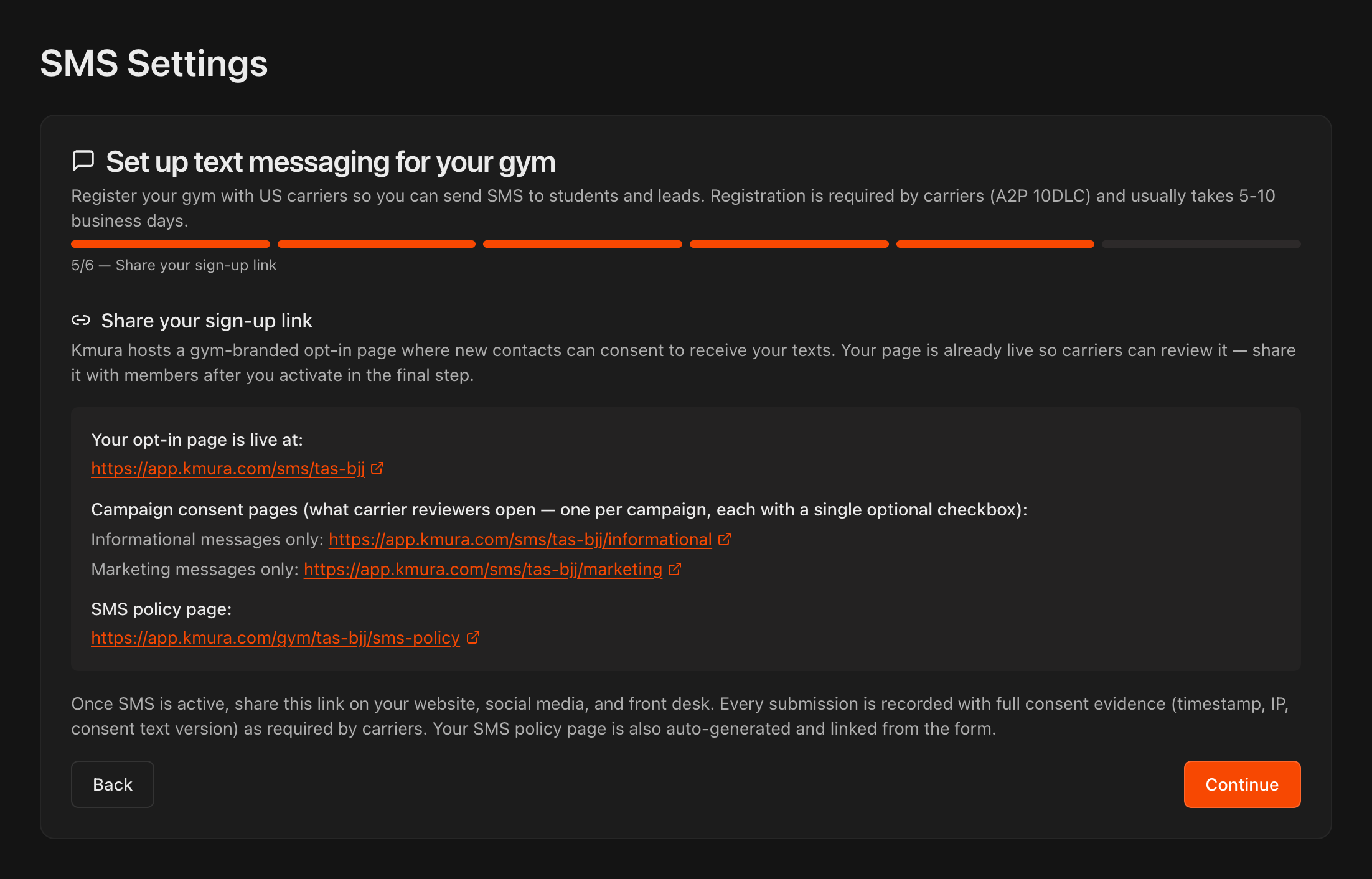 SMS Settings step 5 of 6, Share your sign-up link, listing the opt-in page, the two consent pages, and the SMS policy page