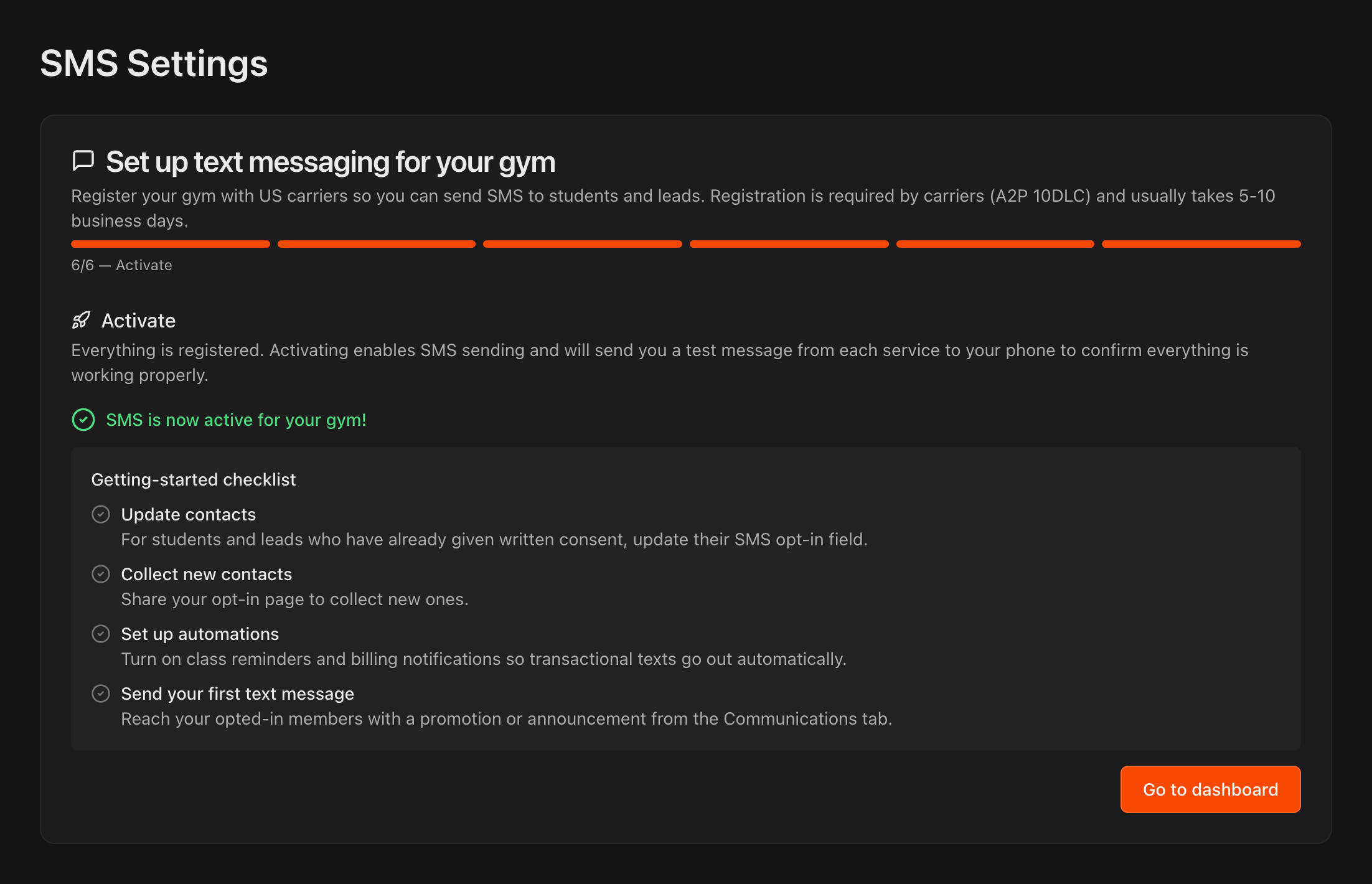 SMS Settings step 6 of 6 after activation, showing SMS is now active for your gym and the Getting-started checklist