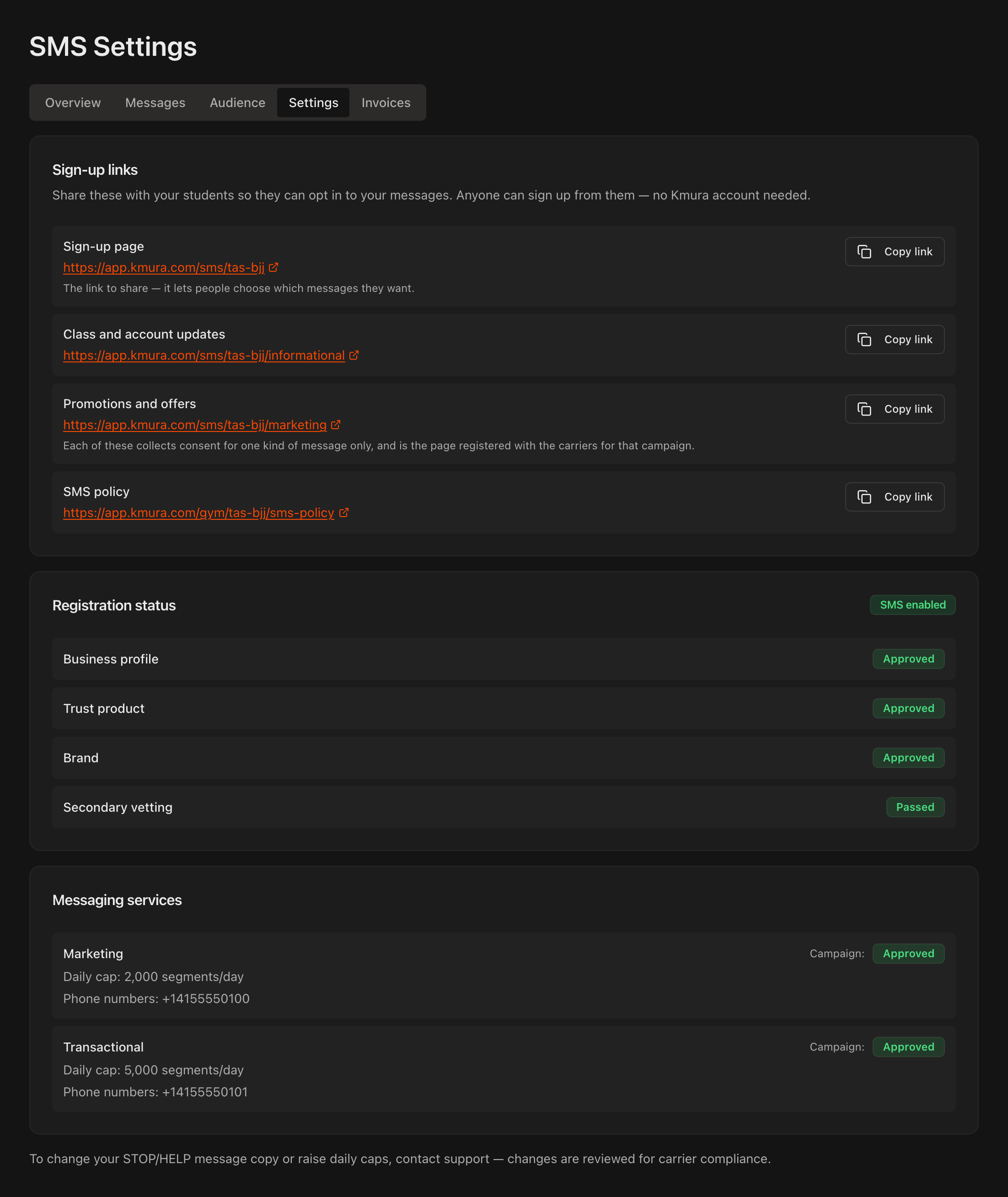 SMS Settings dashboard on the Settings tab, showing sign-up links, registration status, and messaging services
