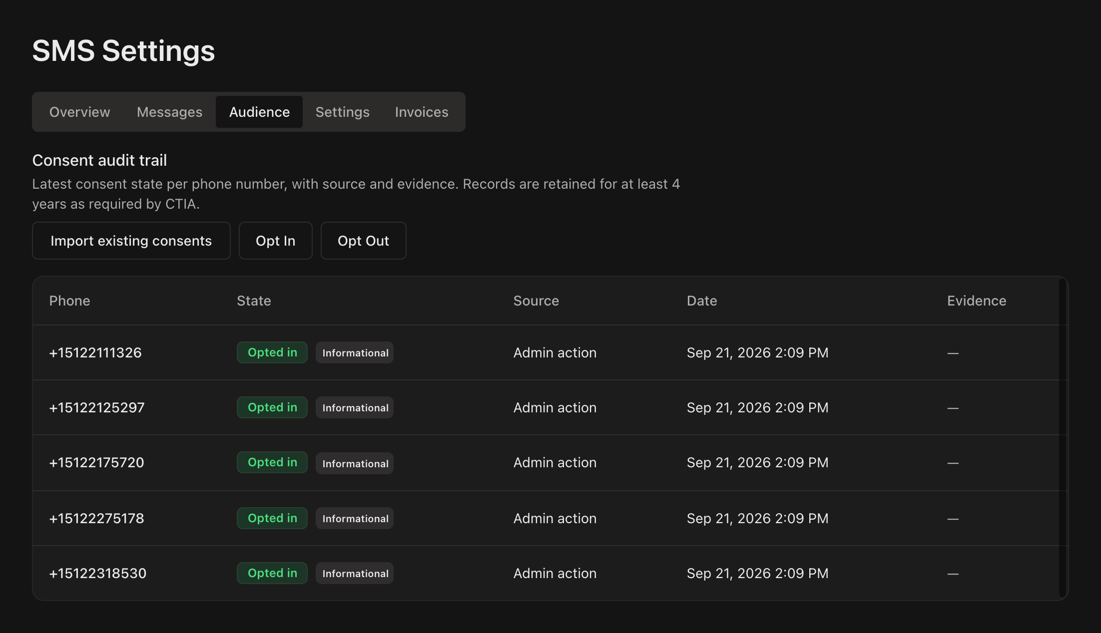 SMS Settings Audience tab with the consent audit trail, the Import existing consents, Opt In and Opt Out buttons