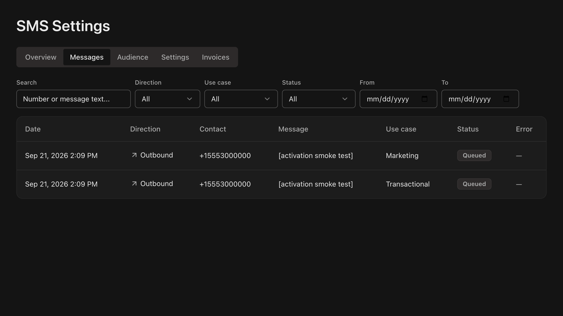 SMS Settings Messages tab with the Direction, Use case, Status and date filters above the message log