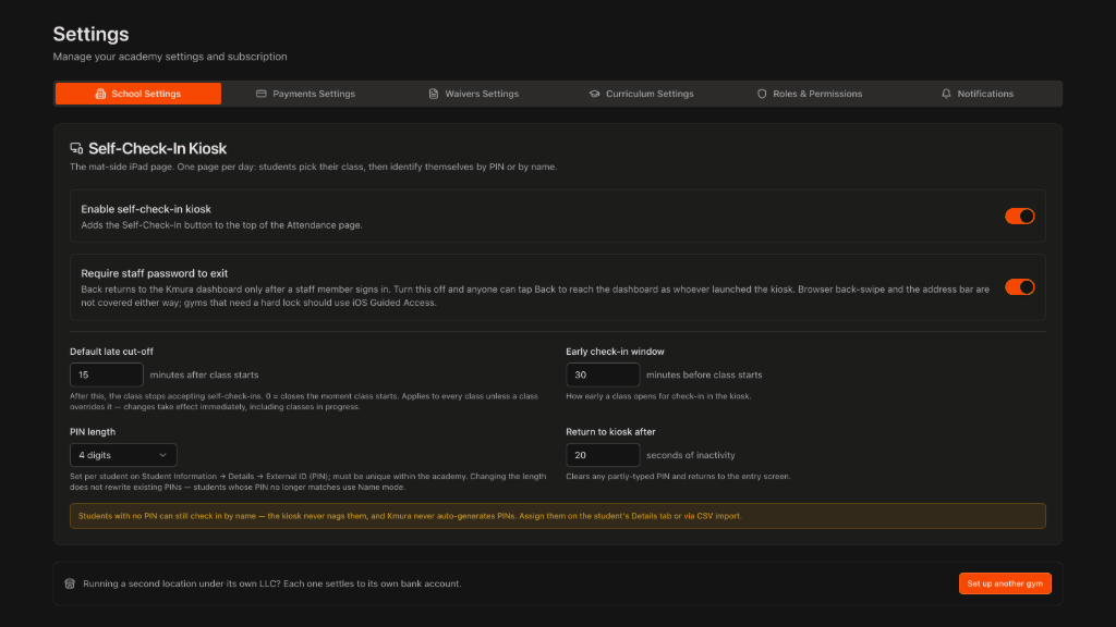 Adicionando uma segunda unidade no Kmura: Set up another gym, o diálogo Add Gym e a lista de configuração