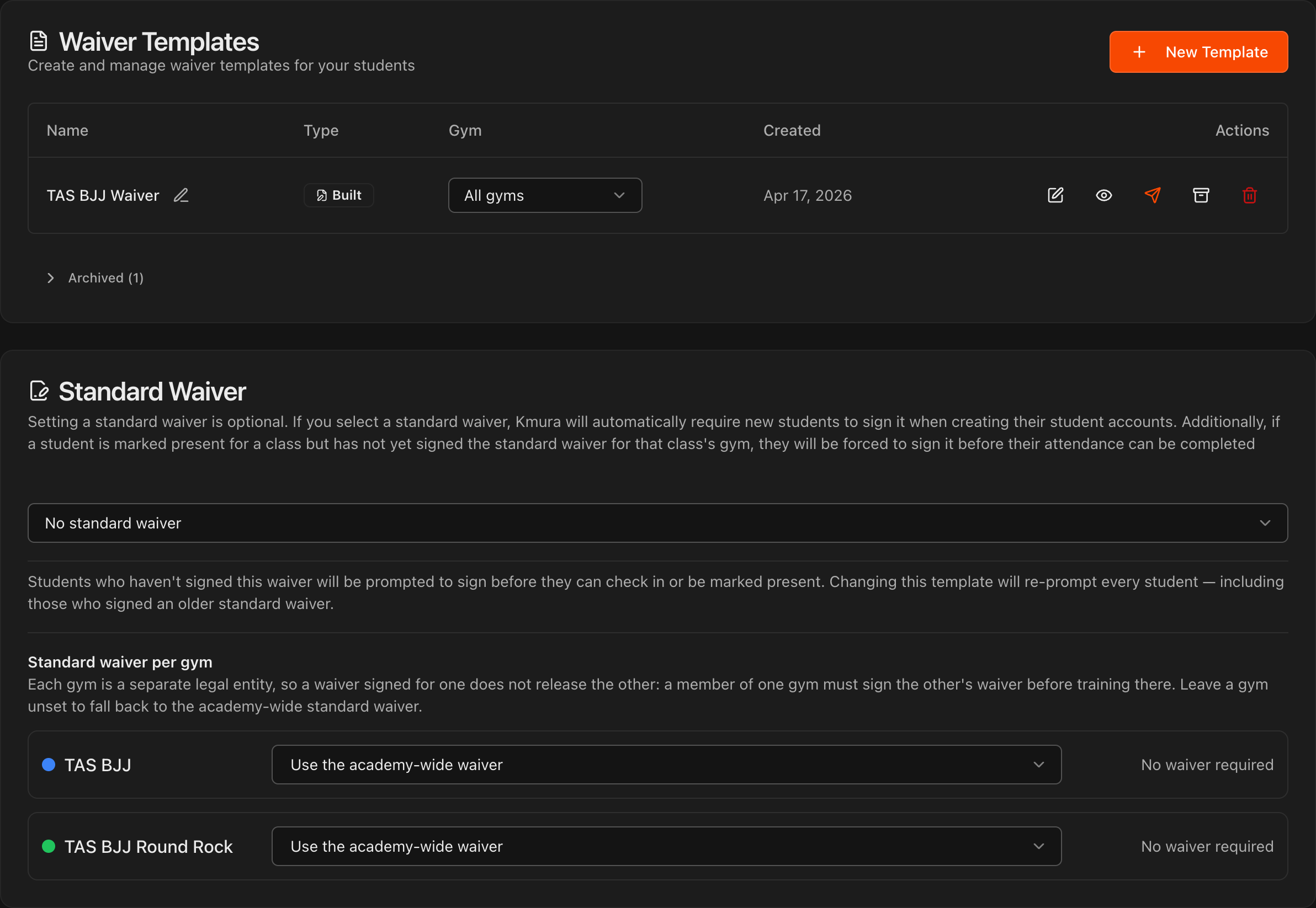 Página Waivers mostrando o card Standard Waiver com uma linha por academia
