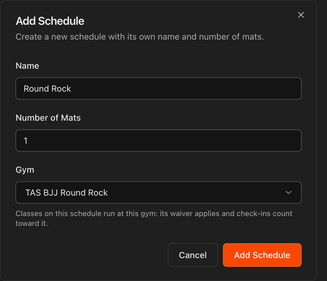 Diálogo Add Schedule com nome, número de tatames e o campo Gym definido como a nova unidade