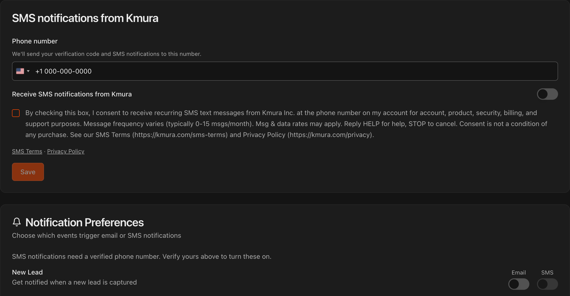 Notifications page showing SMS notifications from Kmura and Notification Preferences