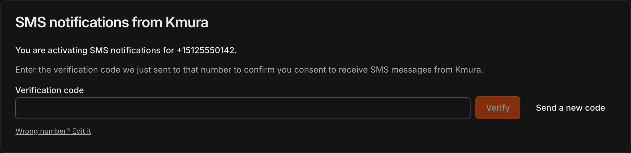 SMS notifications from Kmura card asking for the verification code, with Verify and Send a new code