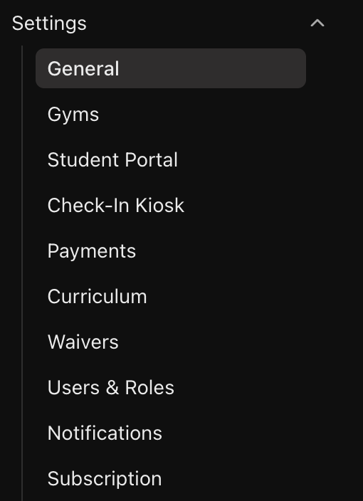 Left menu with Settings expanded to show its ten pages