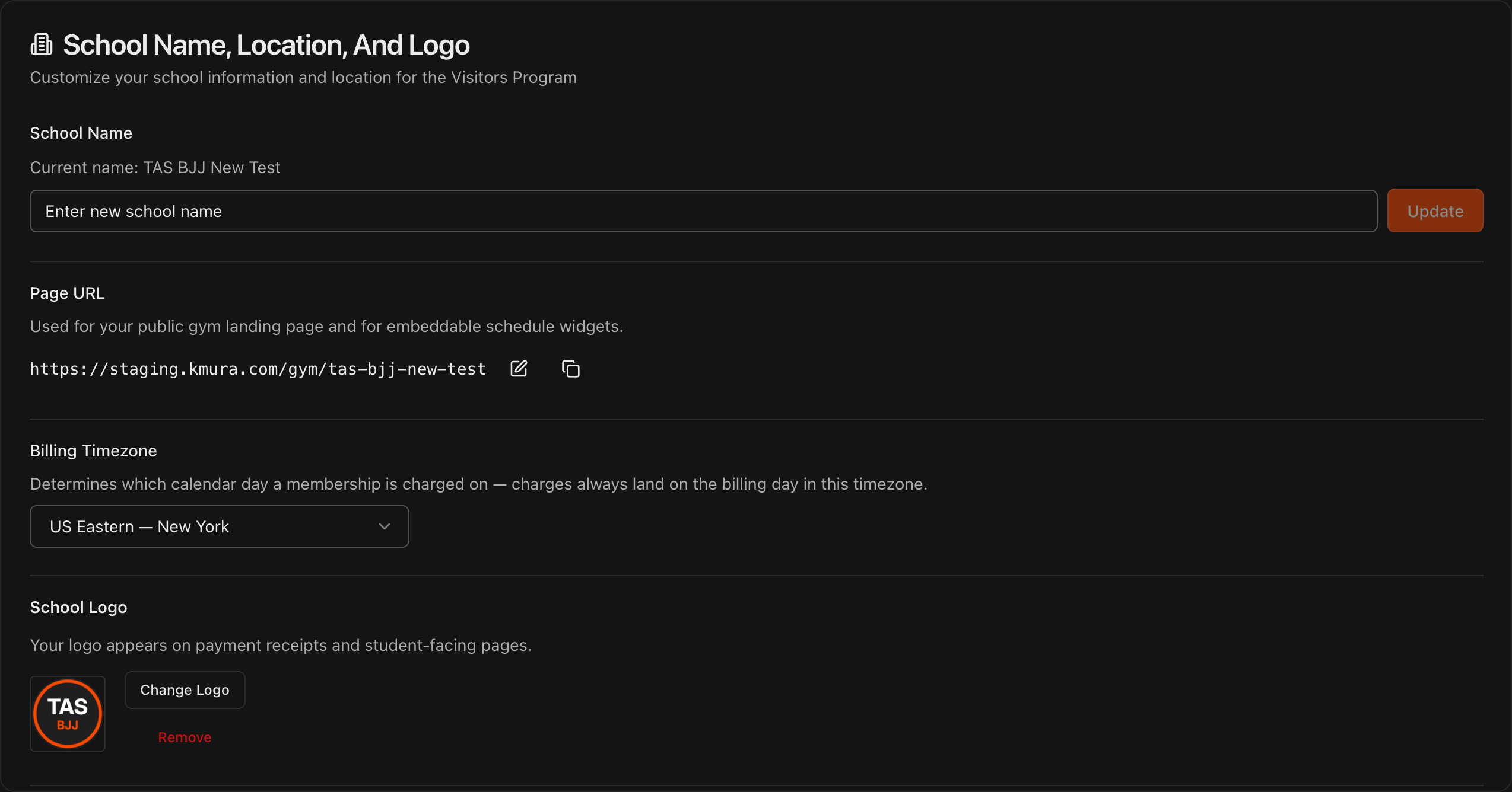 School Settings tab showing School Name, Billing Timezone, School Logo, and Academy Location fields