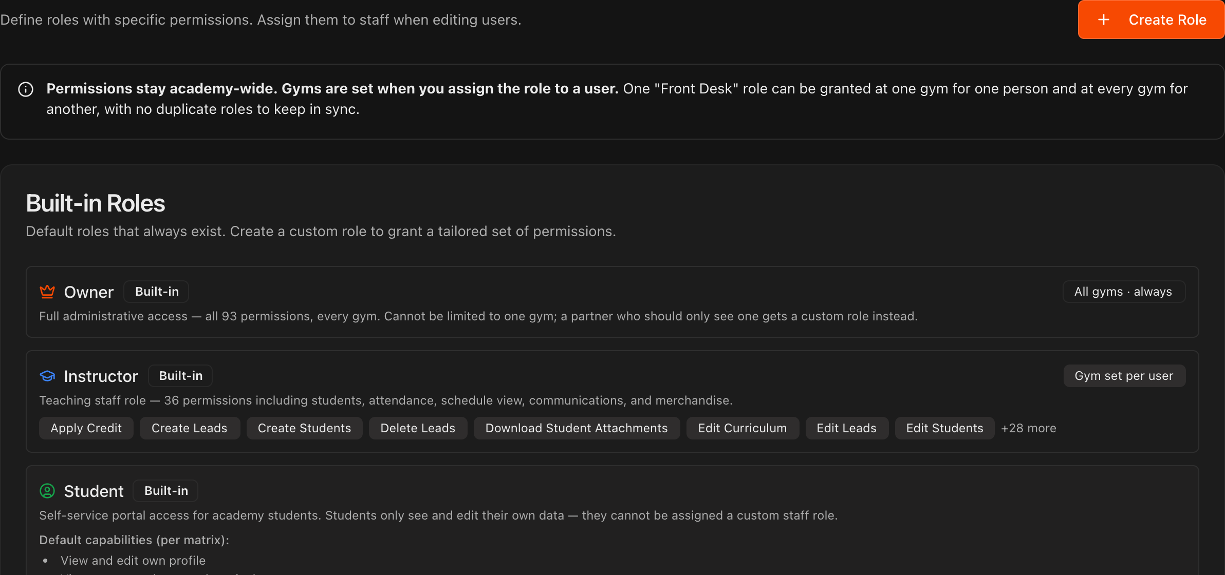 Users & Roles page showing the Create Role button and the Built-in Roles