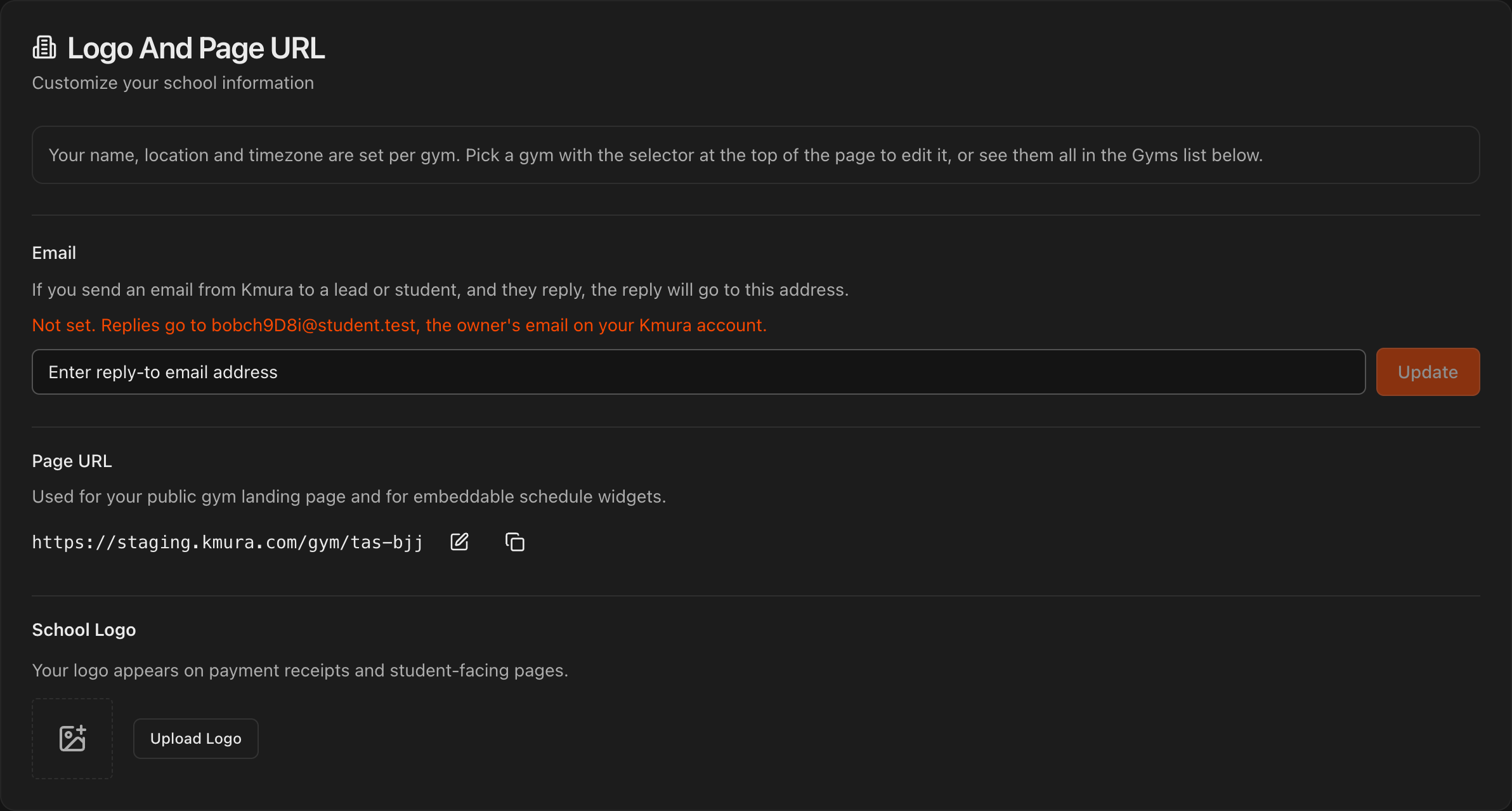 General page showing the Email, Page URL and School Logo settings