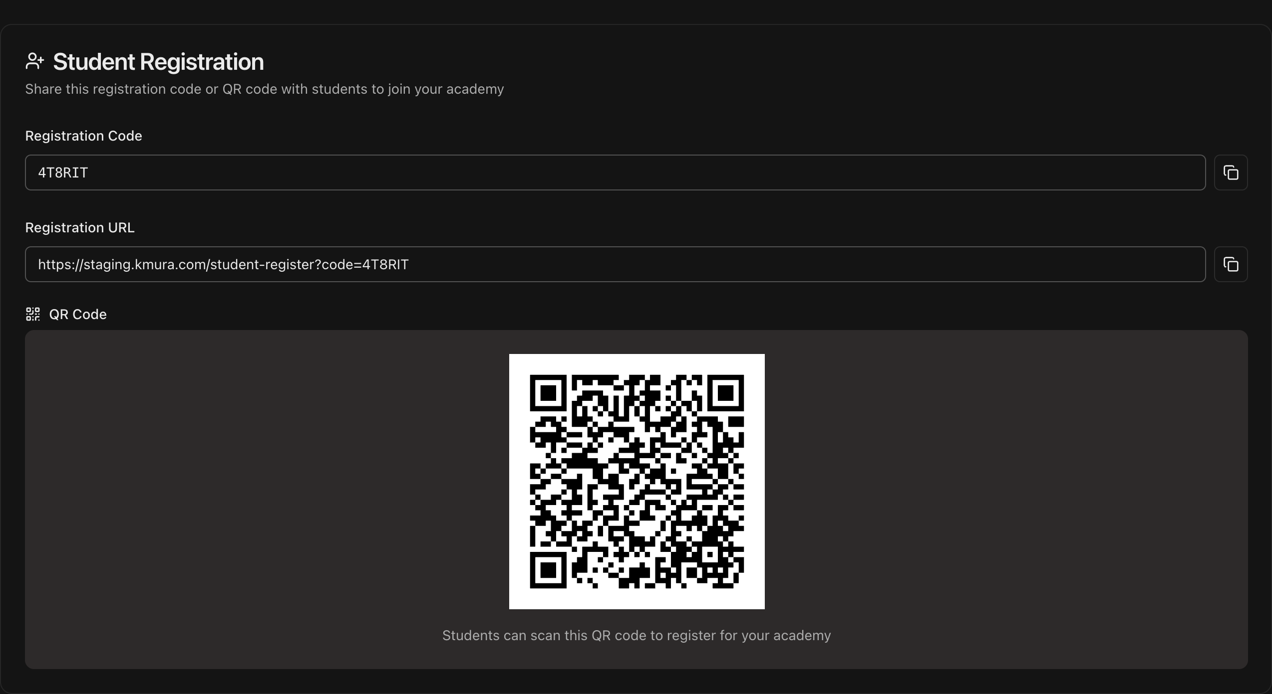 Student Registration section showing the Registration Code, Registration URL, and QR Code