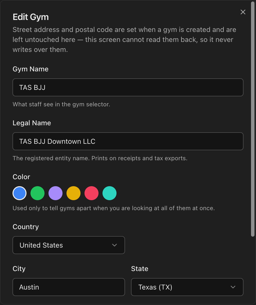 Edit Gym dialog with the gym name, legal name, color, country, city and state fields