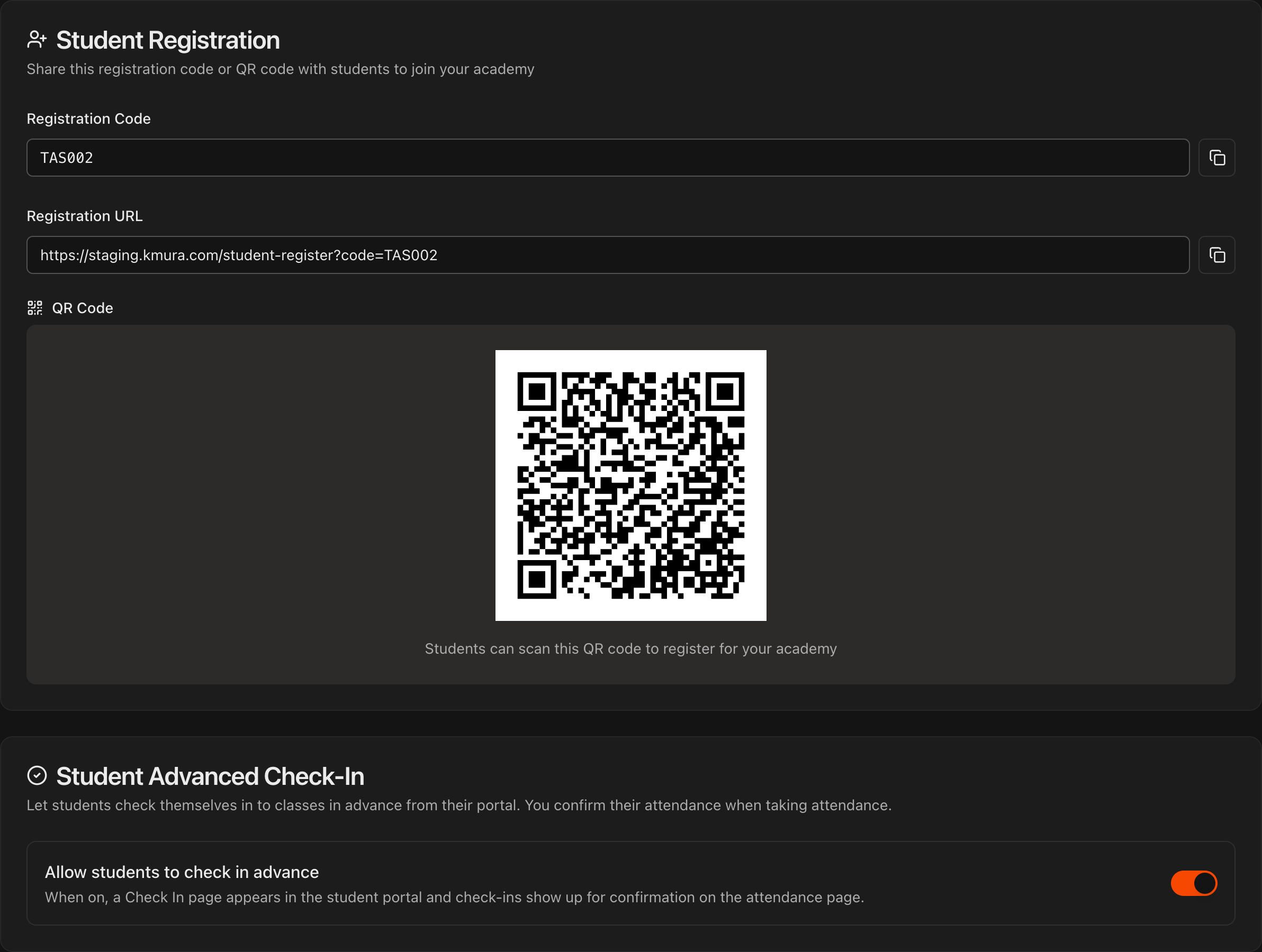 Student Portal page showing Student Registration with the QR code and the Student Advanced Check-In toggle
