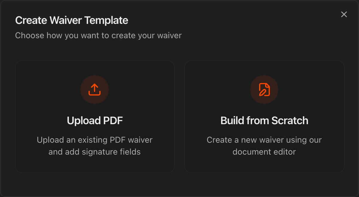 Waivers Settings tab showing the New Template button and Waiver Templates list