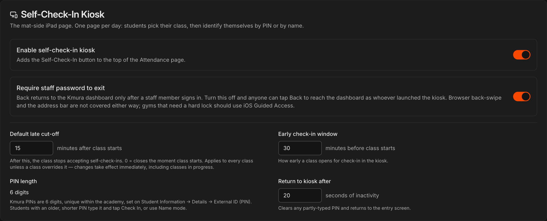 Check-In Kiosk page with the kiosk toggles and timing settings and PIN length fixed at 6 digits