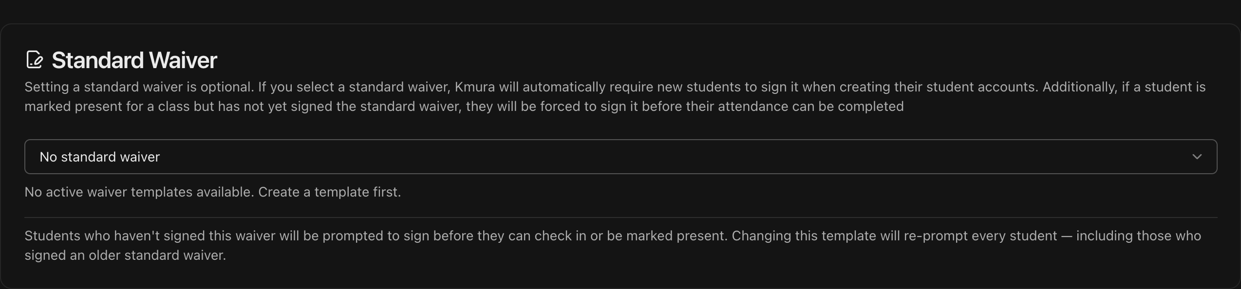 Waivers Settings tab showing the Standard Waiver dropdown
