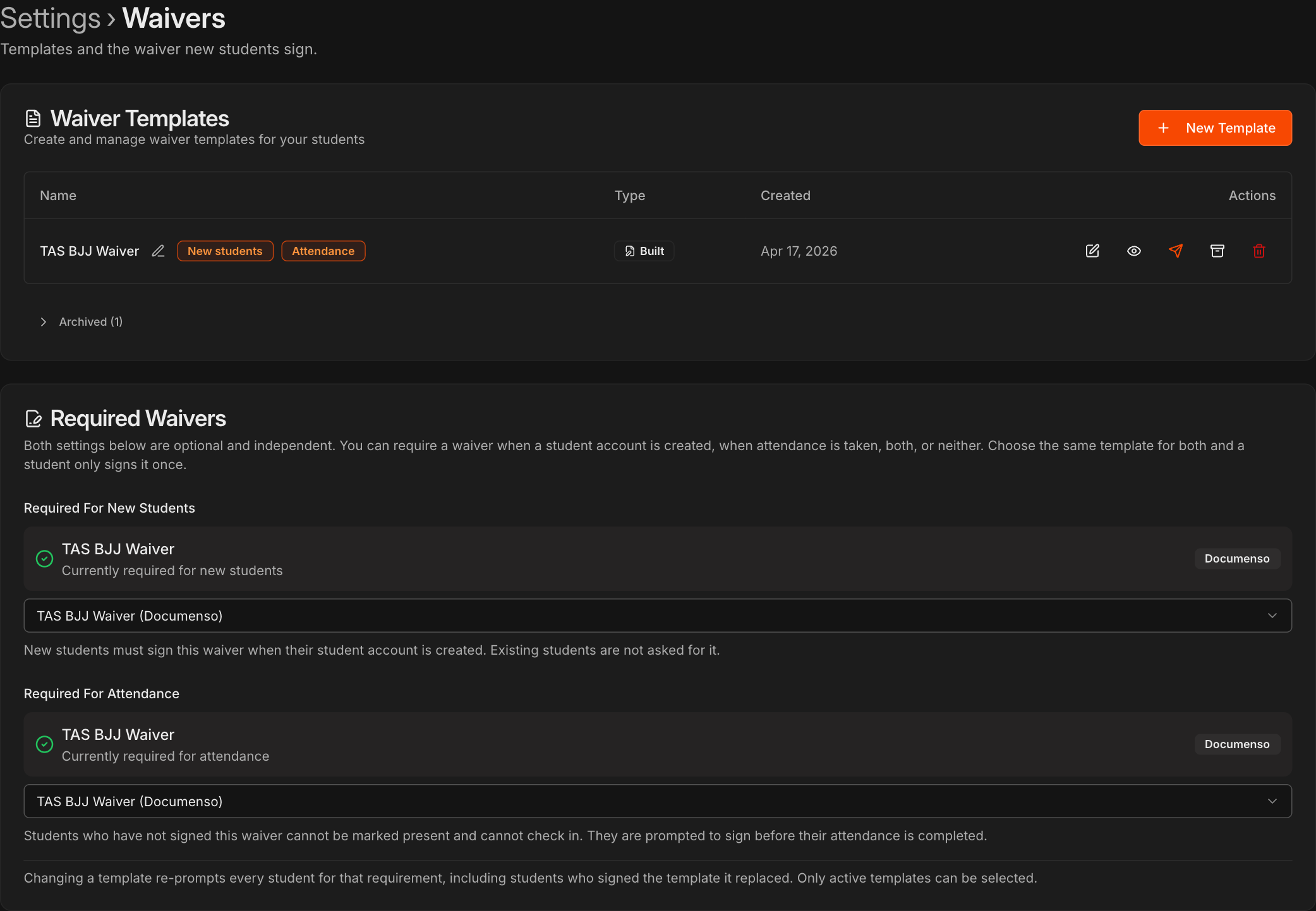 Waivers page with the Waiver Templates list and the Required Waivers card