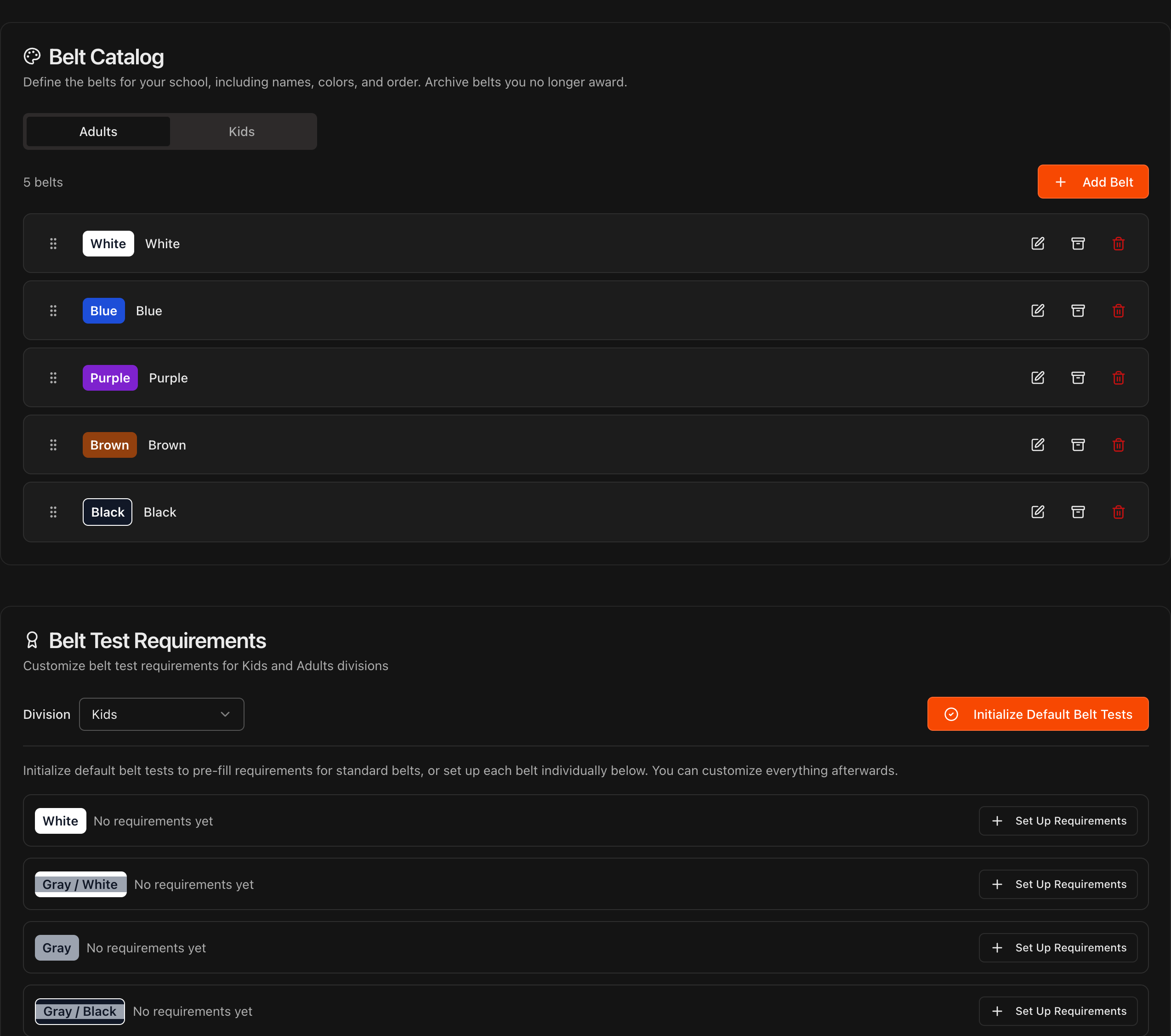 Curriculum Settings tab showing the Belt Catalog and Belt Test Requirements sections