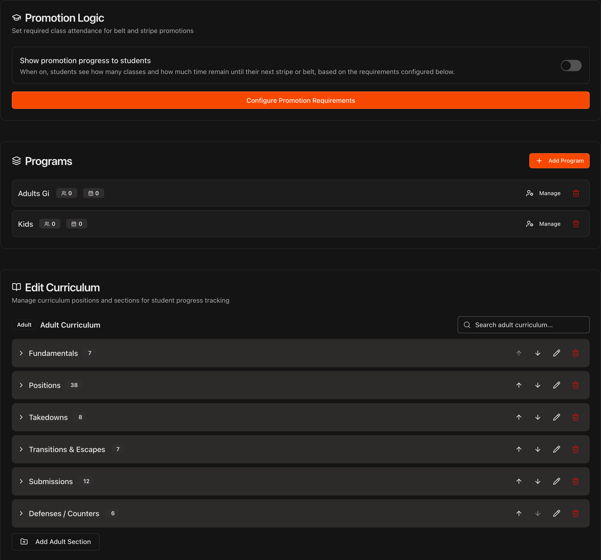 Curriculum Settings tab showing Programs, Edit Curriculum, and Promotion Logic sections