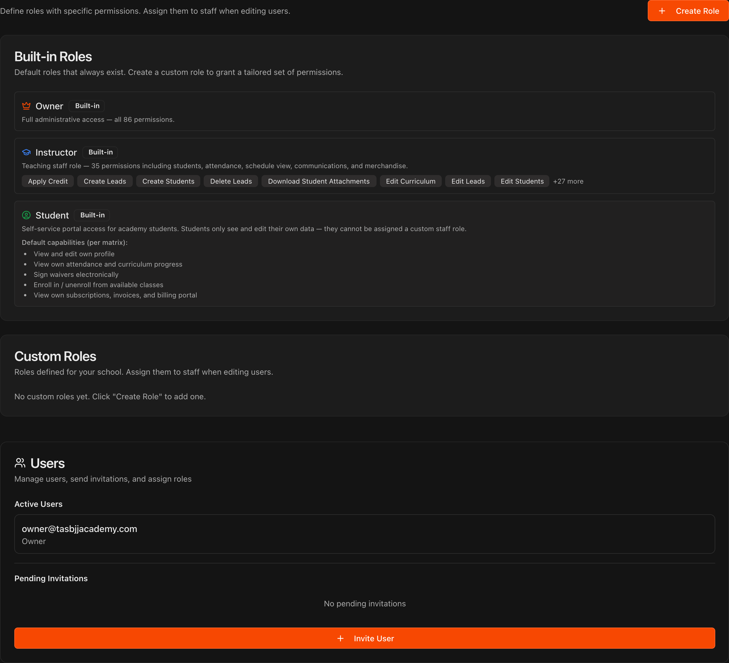 Roles & Permissions tab showing Built-in Roles, Create Role, and the Invite User form