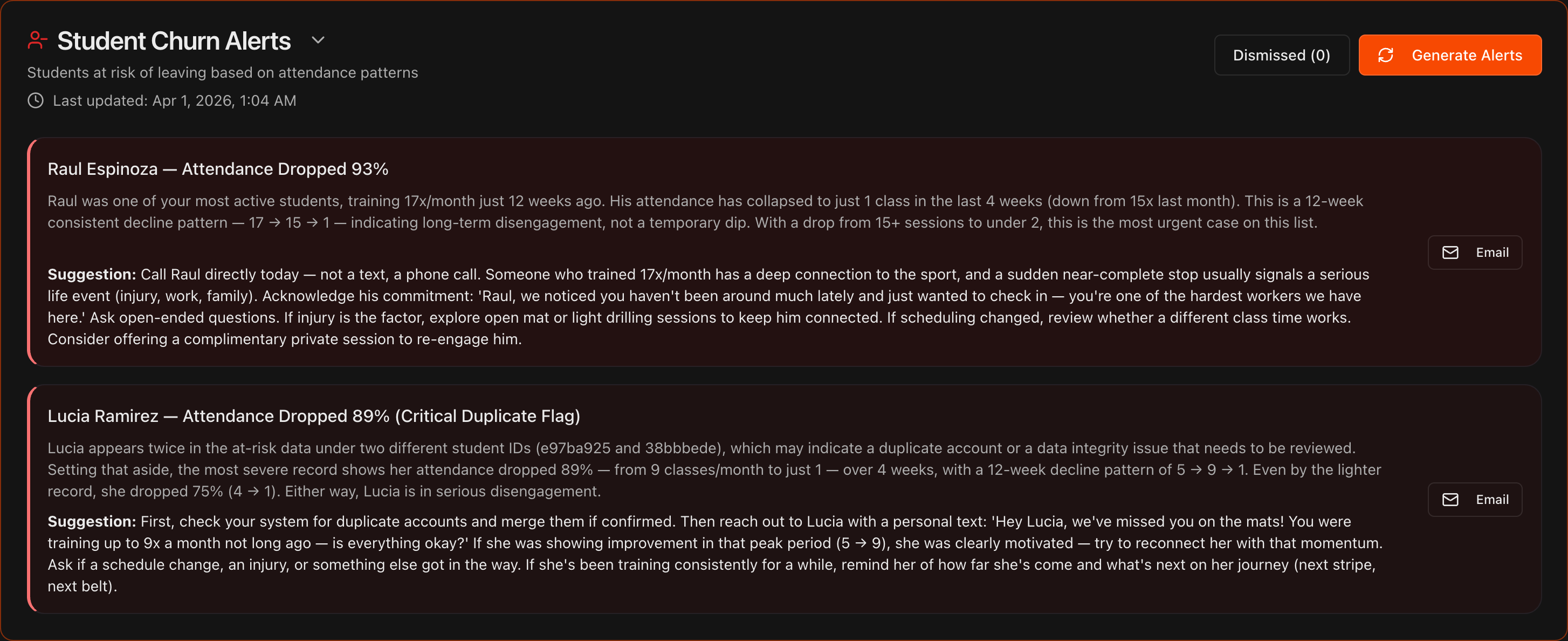 Overview page with the Student Churn Alerts section expanded