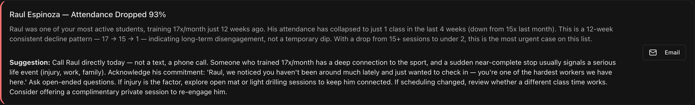 A Student Churn Alert card showing attendance drop data and a Suggestion