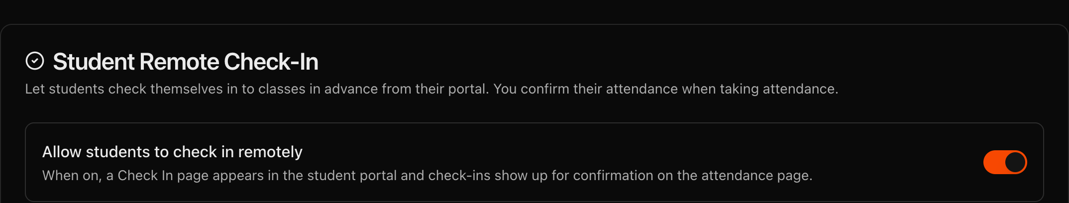 School Settings tab showing the Student Remote Check-In toggle