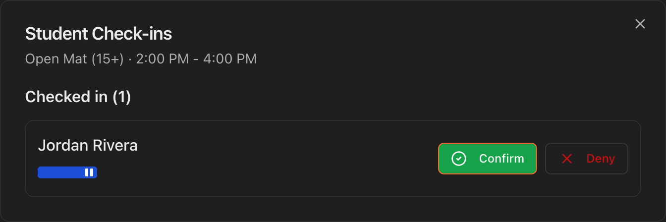 Student Check-ins popup showing Confirm and Deny buttons