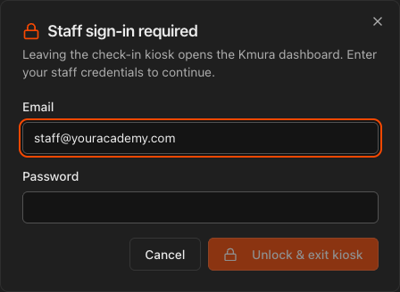 Staff sign-in required dialog shown when leaving the kiosk.