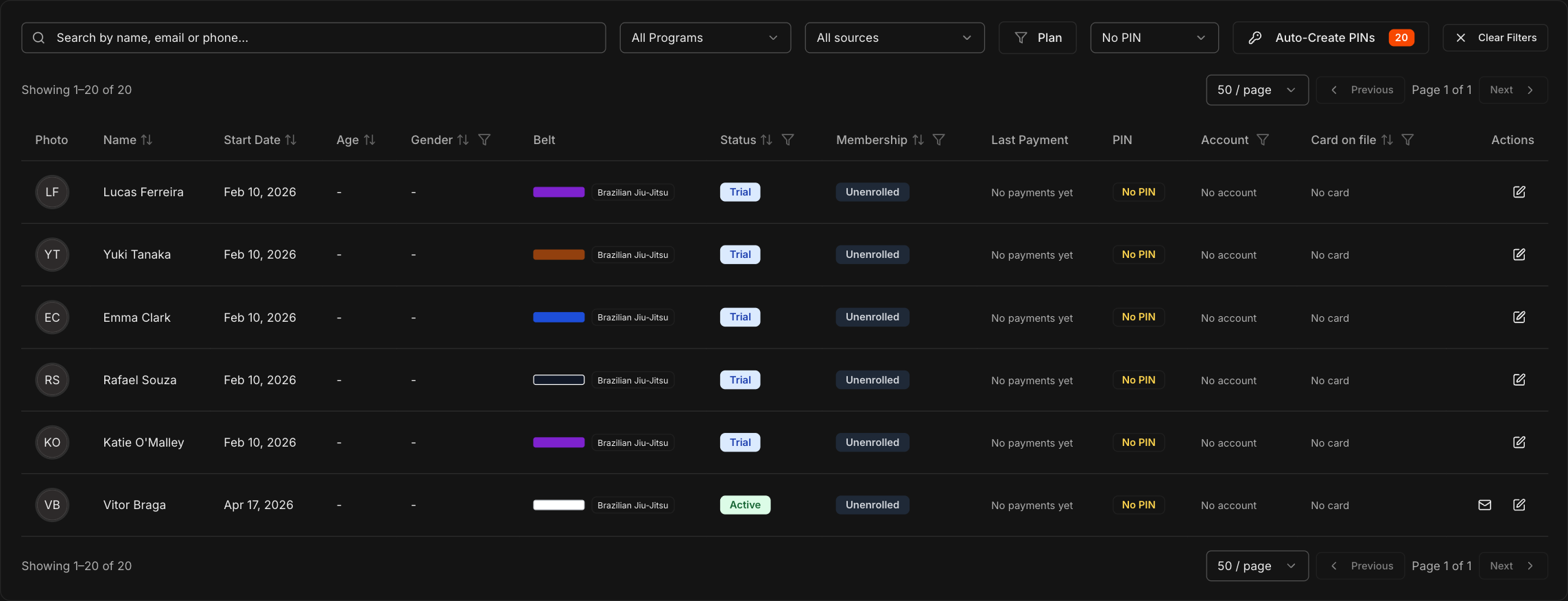 Students page filtered to No PIN, with the PIN column showing No PIN and the Auto-Create PINs button showing 20