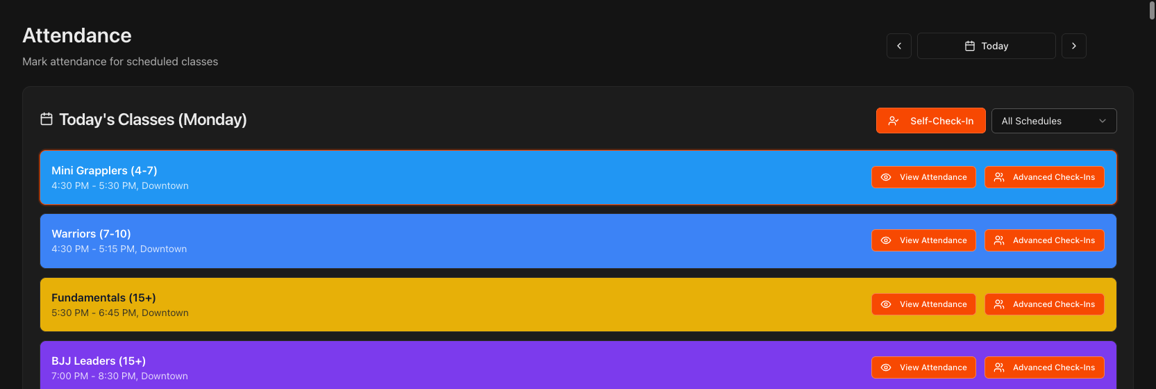 Self-Check-In button at the top of the Attendance page.