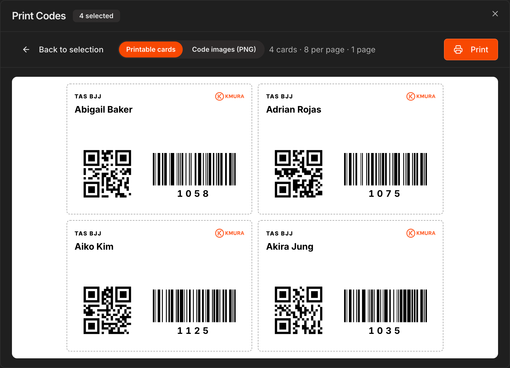 Print Codes preview with four student check-in cards, each with a QR code, a barcode and the PIN