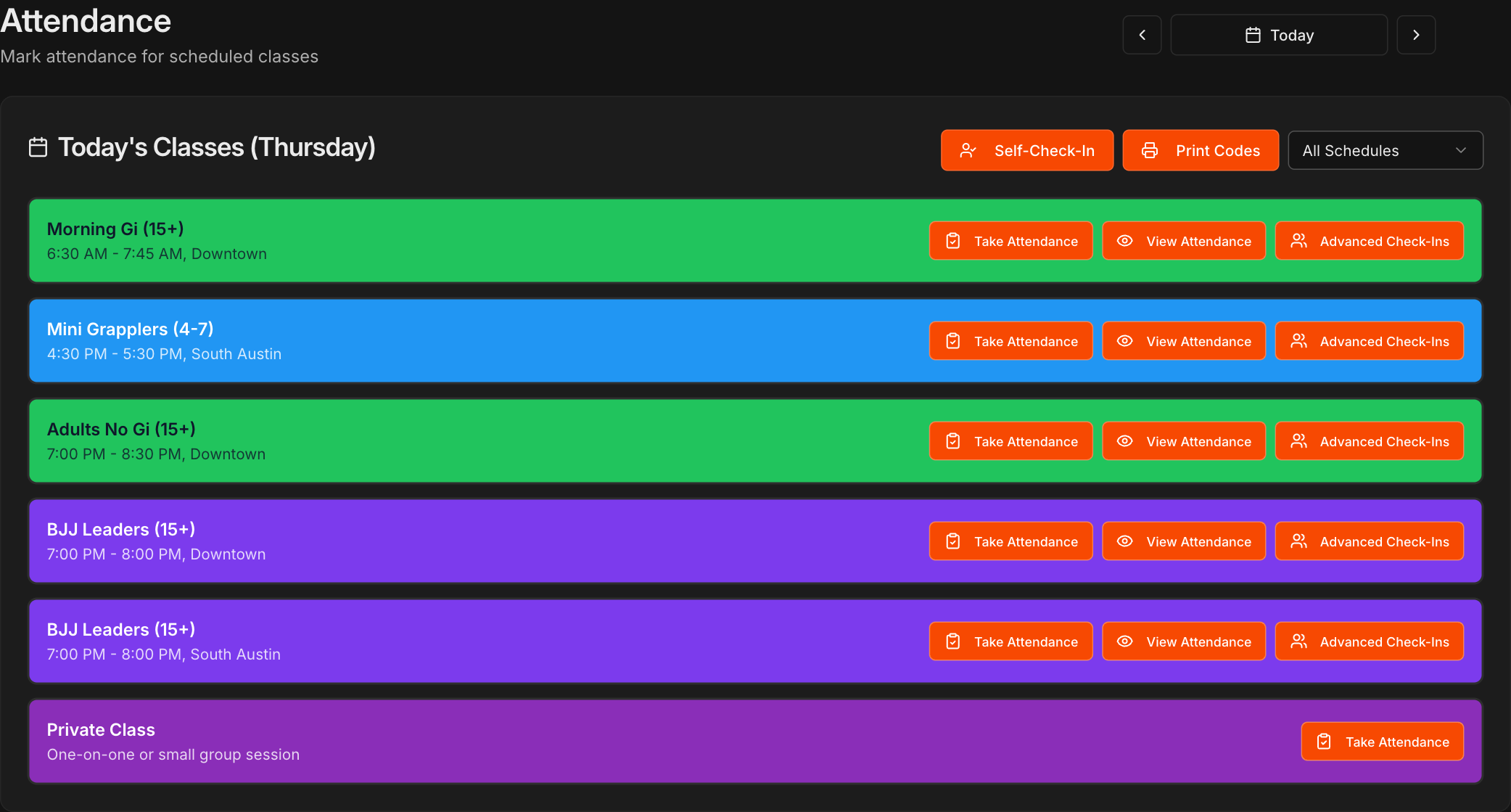Attendance page with the Self-Check-In and Print Codes buttons above the class bubbles
