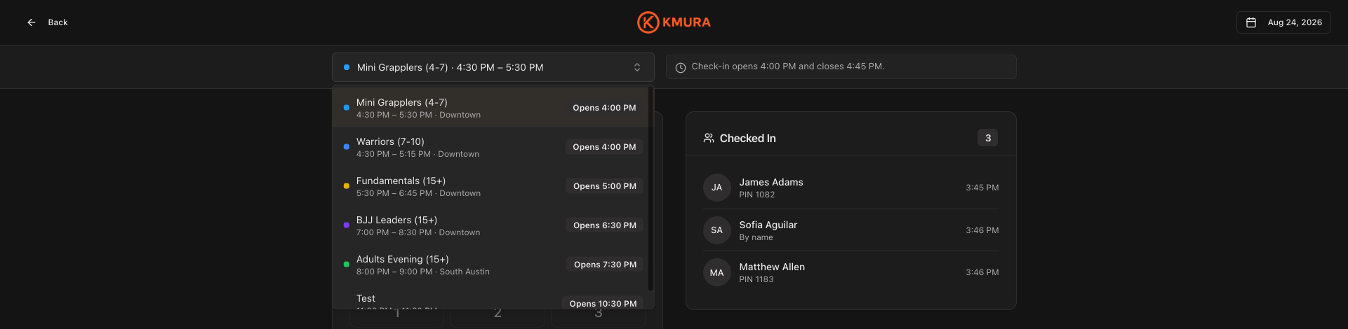 Kiosk class dropdown listing every class for the day with its opening time.