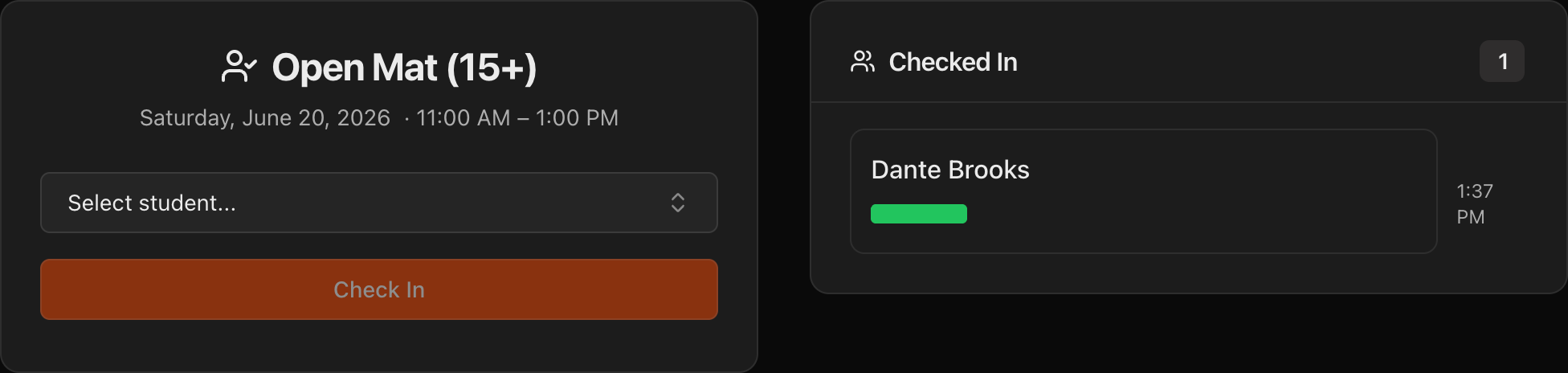 Aluno selecionando o nome e clicando em Check In
