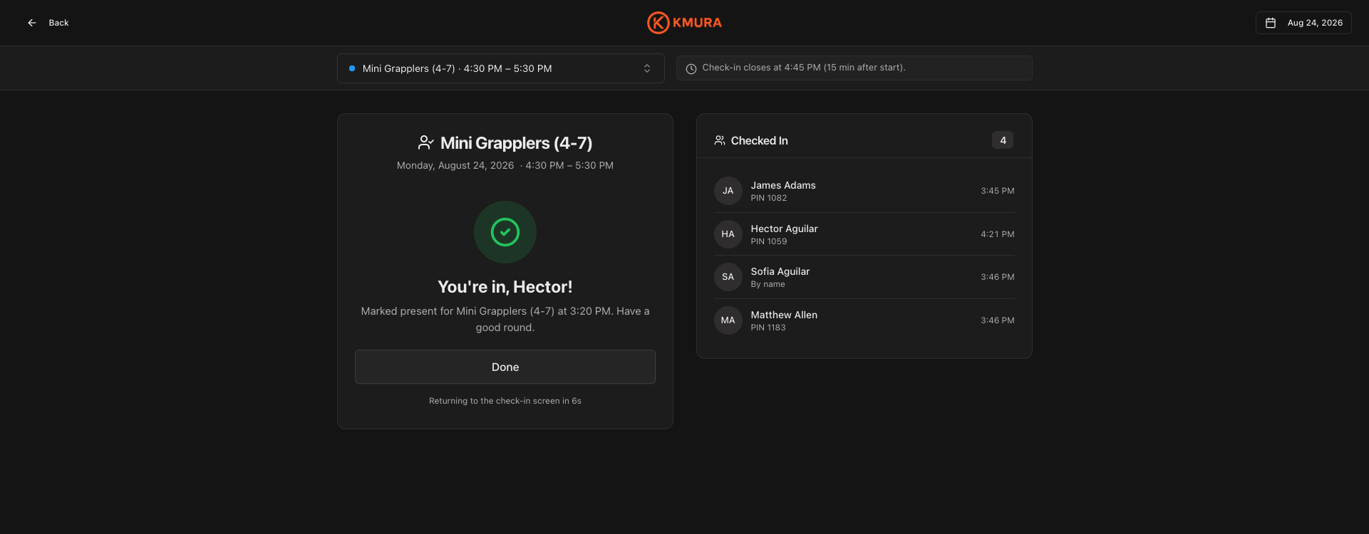 Confirmed check-in with the Checked In panel showing PIN and by-name entries.